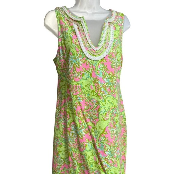 Lilly Pulitzer Shift Dress Womens Medium Pink Green Floral Excellent Braided - Picture 2 of 5